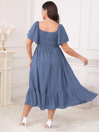 Image of SCOMCHIC Womens Plus Size Wedding Guest Cocktail Dresses Sweetheart Neckline Short Sleeve Smocked Ruffle Slit Maxi Dress