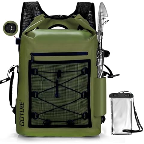 Goture Dry Bag Waterproof Backpack,20L Fishing Tackle Bag with Rod Holder,Padded Shoulder Straps and Air Exhaust Valve,500D PVC Dry Sack Bag with Phone Case for Kayaking,Boating,Fishing,Travel Cover
