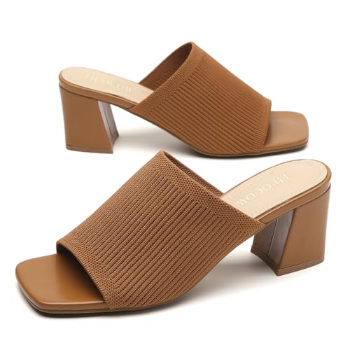 Image of Tilocow Knit Heeled Sandals for Women Square Open Toe Heeled Mules Chunky Block Low Heel Slip On Slides