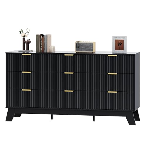 Image of HUANLEGO Fluted Dresser for Bedroom with 9 Drawers, 57 inch Mid Century Modern Dresser of Closet TV Stand, Nature Wood Dressers with Gold Handle, Boho Closet Wide Modern Chest of Drawers, Black