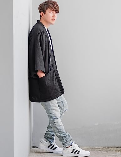 Men's Cotton Linen Kimono Cardigan 2 Pockets Oversized Noragi Jacket Man Haori Summer Yukata Beach Robe4