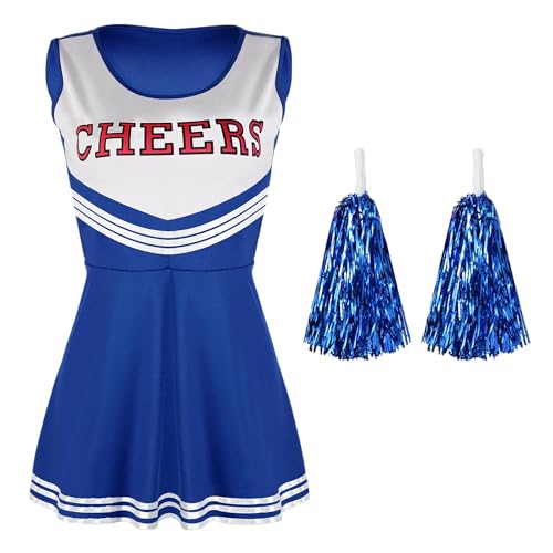 Carnavalife Disfraz Cheerleader mujer, Disfraz animadora Hombre, halloween, carnaval, estilo americano, disfraz animador con pompones (AZUL+POMPON, XS)