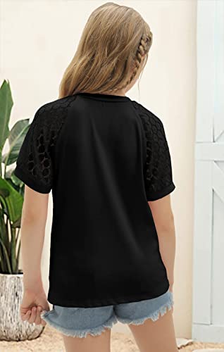 Girls Cute Short Sleeve Crew Neck Lace Blouses Soft Casual Shirts Tops Black #TOP5
