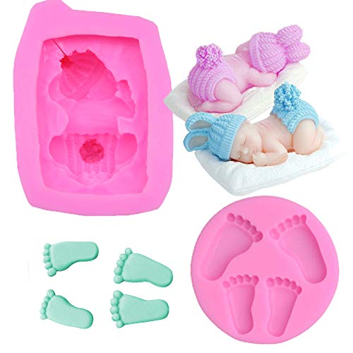 2 Moules en 3D Silicone pour Bébé, Moule de Bébé Sommeil 3D et Moule en Forme d'Empreinte pour Bébé, Antiadhésif, pour Décoration de Gâteau de Fête d'Anniversaire de Douche de Bébé