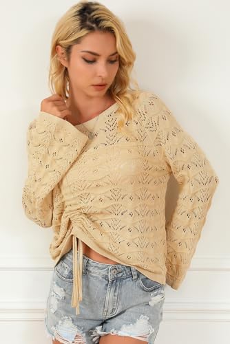 Women's Khaki Hollowed Knit Asymmetric Drawstring Sweater4