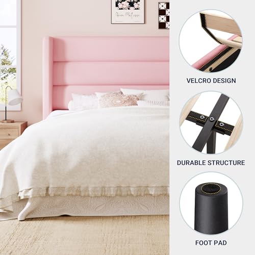 Image of Allewie King Size Platform Bed Frame with Velvet Upholstered Wingback Headboard, No Box Spring Needed, Under Bed Storage Space, Strong Wooden Slats, Modern Mattress Foundation, Easy Assembly, Pink