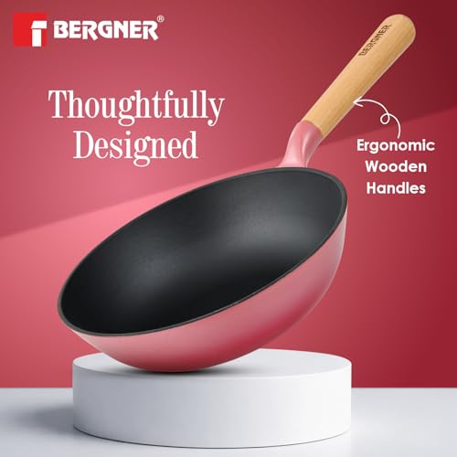 Image of BERGNER Excalibur Lightweight Cast Iron Wok 24cm (2L), Sturdy Wooden Handle, Non-Stick Coating, PFAS Free, Perfect Heat Distribution, Elegant Design - Induction and Gas Stove Ready (Pink)