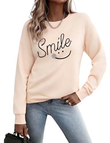 Image of Gyabnw Sweatshirts for Women UK Lightweight Long Sleeve Tops Crew Neck Smile Print Casual Versatile Apricot