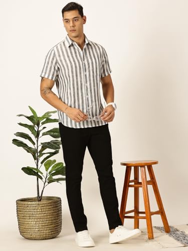 Image of Thomas Scott Men's | Stripes | Half Sleeve | Slim Fit | Linen Blend | Spread Collar | Casual Shirt