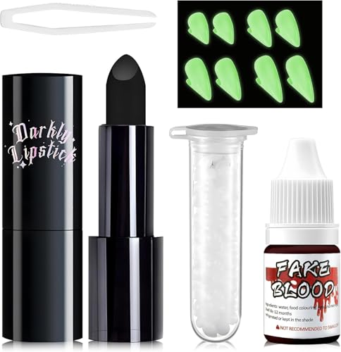 Set Accessori Vampiro Halloween, Halloween Vampiro Set, Set di denti da Vampiro per Adulti, Fosforescente 4 Misure con Colla per Denti da Vampiro, Rossetto e Sangue Finto per Halloween Feste Cosplay