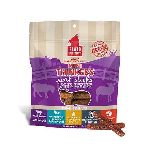 Plato Pet Treats Thinkers - Meat Stick Treats for Dogs - Limited Ingredient Dog Treats with EPA and DHA to Support Skin, Coat, and Brain - Air-Dried Dog Treats - Mini Thinkers Lamb 3oz