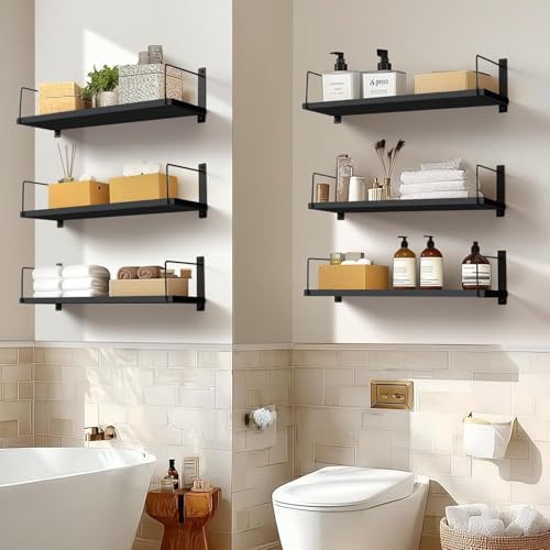 Image of Wall Mounted Bathroom Shelves Set of 3, Black Rustic Wood Floating Shelves with Metal Brackets, Wall Storage Display Rack for Toiletries, Organizer, Kitchen, Bedroom, Living Room 23.5 inch
