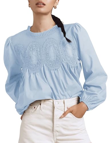 Lentta Women's Lace-Detail Flared Blouse Long Sleeve Crew Neck Poplin Mesh Swing Babydoll Tops Elegant Loose Shirts