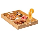 Yvttve 100％ Bambus Tablett Serviertablett Groß Holz Tablett mit Griffen (42 x 31 cm), Küchentablett Rechteckig für Frühstück