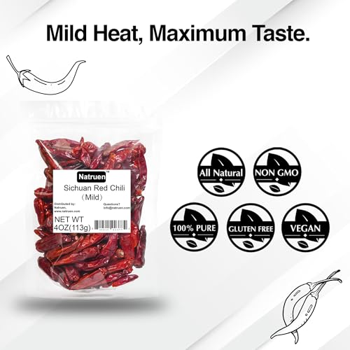Natruen Whole Dry Szechuan Chinese Red Chili Pods 4 Oz, Mild, Facing Heaven Chili, Spicy Sichuan Dried Red Hot Chilies for Chili Oil, Paste, and Sauce