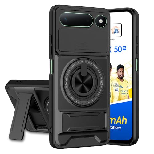 Image of Tecno Spark 50 5G Back Cover | Armor Camera Slider 360 Degree Rotating Finger Ring Holder Case with Bracket Stand Back Case Cover (Compatible with MagSafe Accessories) (Black)