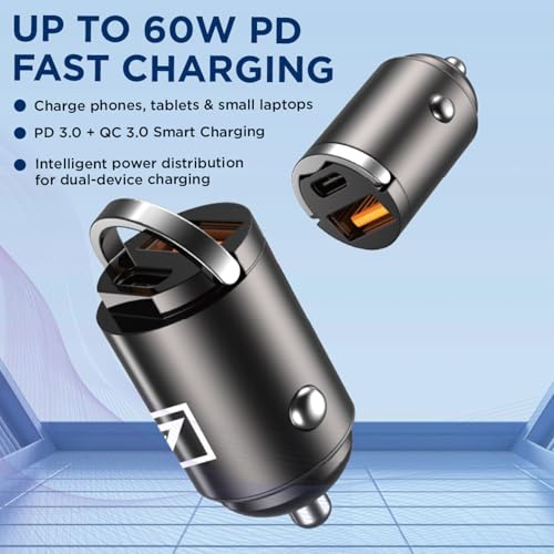 Image of ONE 7 60W Dual Port Car Charger | Super Fast Charging Mini Metal Charger Adapter | USB + Type-C Output | Compact All-Metal Build | Compatible with Phones, Tablets & GPS Devices - Black (ON QCC-29)