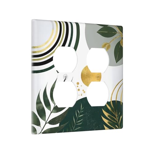Decorative Outlet Covers Boho Green Leaves Bohemian Gold Sun 2 Gang Wall Plate Cover Double Duplex Receptacle Two Switch Light Switch Cover Plate Jumbo Dual Faceplate