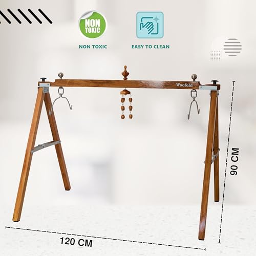 Image of Wooden Baby Cradle with Hanging Jhula | Newborn to Infant Swing Bed with Cloth Hammock | Comfortable & Portable Crib for Baby Sleeping - Brown 01