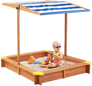 Kids Sandbox with Cover, Wooden Sand Box with Adjustable Canopy, Canadian Wood Sandpit with Lid for Outdoor Backyard Play