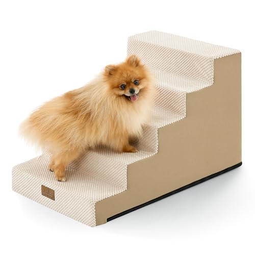 COZY KISS Slope Dog Stairs for Small Dogs 17.7" H, Pet Steps for Bed, Couch with Certified Foam, Non-Slip Dog Ramp Ladder for Puppy Older Cats, 5 Step, Beige