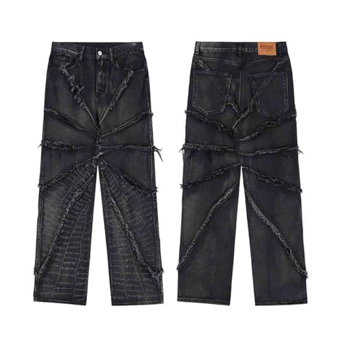 BXCNCKD Gothic Retro Damaged Spider Web Ragged Edge Jeans Men's Y2K High Street Loose Pants2