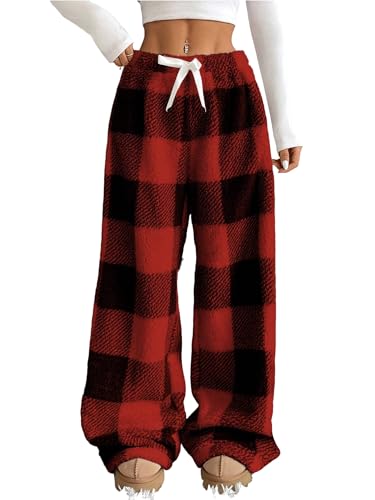 Image of ZAFUL Women's Fuzzy Plush Pajama Pants Wide Leg Pj Bottoms Lounge Pants