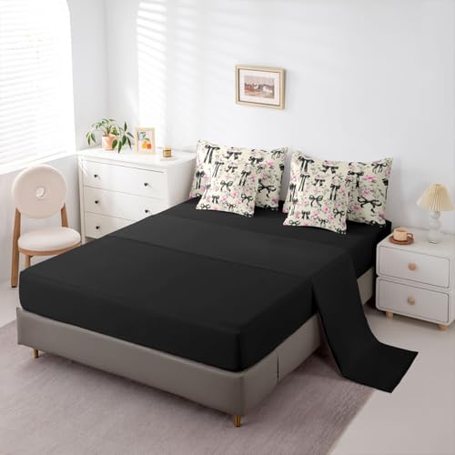 Image of Black Bow Tie 7 Piece Comforter Set Full Bed in a Bag | Boho Floral Pink Flowers Bedding Sets Princess Bow Comforter and Sheet Set, Girly Ribbon Bowknot Bed Sets,Cute Room Decor Aesthetic Kawaii