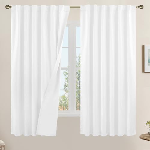 LAMIT 100% White Blackout Curtains for Bedroom 63 Inches Polyester Textured Thermal Curtains Back Tab and Rod Pocket Burlap Panels with White Liner for Farmhouse/Living Room 2 Panels 52 x 63 Inch