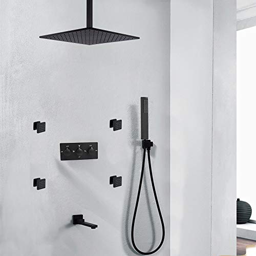 Matte Black Solid Brass 12 Inch Square Rainfall Shower System Ceiling