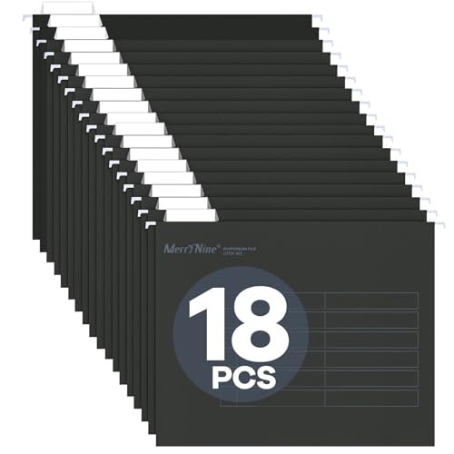 Merrynine Hanging File Folders Letter Size 18pcs, Paper Filing Cabinet Folders Organizer with 1/5-Cut Tabs and Inserts, Suspension File Organizers for Office School Home Hospital, Black