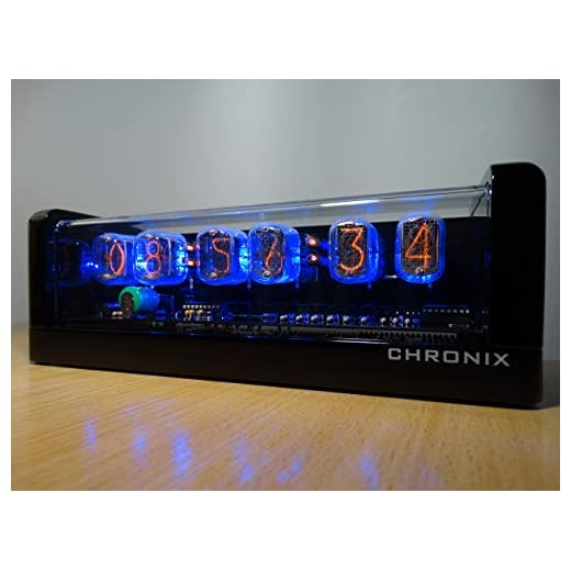 CHRONIX Horloge Tube Nixie avec 6 x IN-12 Tube Afficher & Alarme & Rétro-éclairage Bleu & Caisse en Bois Finition Noire Brillante