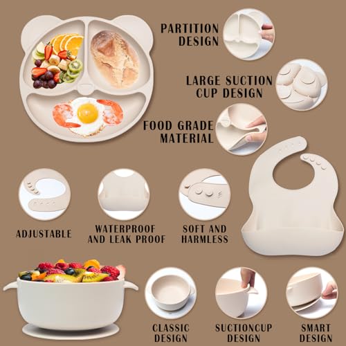 Miniatura 3 de Kinyoda 10 Pièces Coffret Repas Bebe Silicone, Baby Led Weaning Cubiertos Bebe Vajilla Bebe Silicona, Plato De Silicón Antideslizante Sin Bpa, Enfant Set Couverts Vaisselle Pour Sevrage Manger Beige