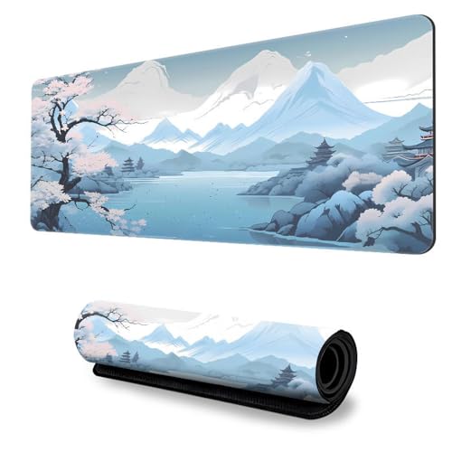 FANSU Tapis de Souris XXL/XL/L, Imprimé de Paysage Tapis de Souris, Tapis de Souris Gamer avec Caoutchouc Base Antidérapante, Tapis Souris pour Gaming, Maisonet Bureau (Bleu Ciel,800x300mm)