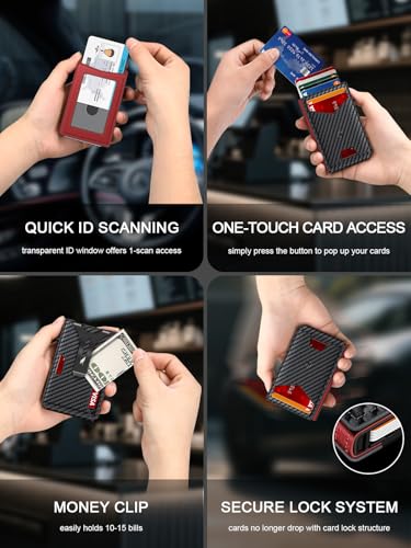 Image of Wallet for Men, Slim Minimalist Wallet with Money Clip&ID Window, RFID Blocking Pop-Up Credit Card Holder, Smart Auminum Mens Wallet Holds 9-13 Cards (Gift Box) (Carbon Fiber & Red)