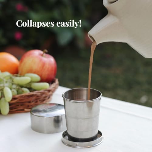 Image of Bare necessities Collapsible Travel Mug | Portable Glass for Drinking Tea, Coffee, Milk, Juice | Expandable Food Grade Stainless Steel Cup with Lid for Outdoor Camping | Reusable Tumbler 150 ml