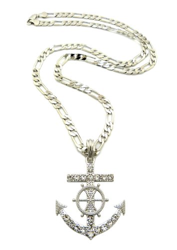 Crescendo SJ INC New Iced Out Anchor Pendant &5mm/24 Figaro Chain Hip Hop Necklace MSP393R