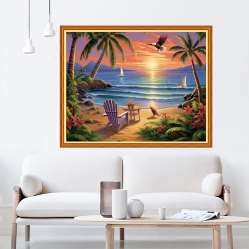 Image of Dooxvey Cross Stitch Kits for Adults Beginners,Full Range of Cross-Stitch Stamped Kits Needlepoint Kits for Beginners Embroidery Kits 11CT Cross Stitch Patterns-Rest by the Seaside 16x20 inch