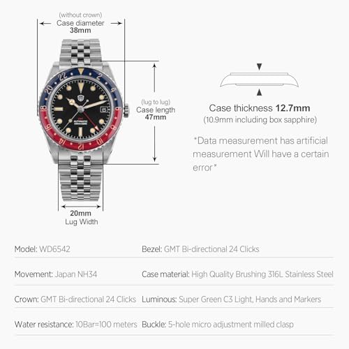 Image of watchdives GMT Watches for Men, WD6542 Men Watch NH34 Automatic Wristwatch 38mm Bubble Domed Sapphire Crystal Watches 100M Waterproof Watch