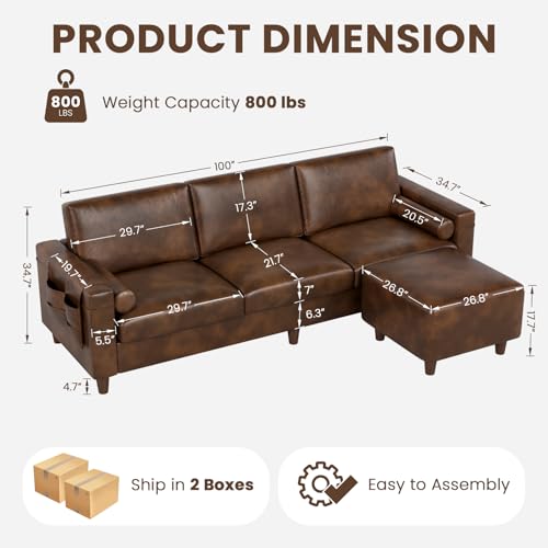 Image of Vesgantti 100 inch PU Faux Leather Sofa with Movable Ottoman, 3 Seater L Shaped Leather Sectional Couch with Side Pocket, Comfy Mid Century Modern Modular Couch for Living Room, Apartment, Cocoa