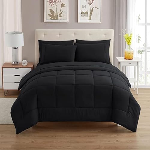 La Mejor Recopilación de Edredon queen size para comprar hoy. 49 Sweet Home Collection - Juego de edredón de 7 Piezas, Color sólido, Manta Alternativa de plumón Suave para Todas Las Estaciones, sábanas de Microfibra de Lujo, Negro, Queen