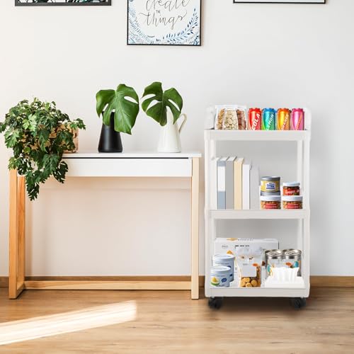 CROWNSHOP 3-Tier White Storage Trolley on Wheels - Kitchen Trolley with Lockable Wheels | Plastic + Stainless Steel Mobile Organiser for Bathroom Office - Image 6