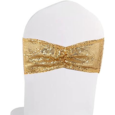 Eternal Beauty Set of 50 Sequin Chair Bands Bows Gold Chair Sashes for Wedding Party Folding Chair Decorations Cover