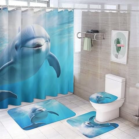 FOCCAR 4-Piece Dolphin Shower Curtain Set Cover