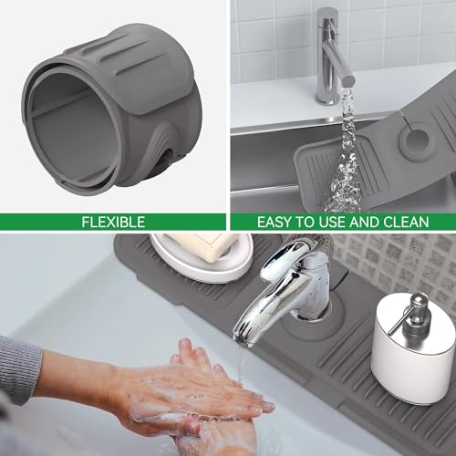 Image of Sink Mat for Faucet | Absorbent Faucet Splash Guard with Adjustable 1.5-2.7 Inch Hole | Quick-Dry, Washable Drip Catcher for Kitchen & Bathroom Sink (17.7 x 5.5 x 0.39 Inch, Dark Grey)