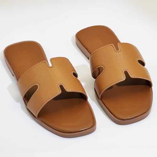 Image of Women's Flat Sandals, Ladies Leather Slippers, Comfy Dressy Slip on Shoes Elegant Slides Summer Fall Spring Cute Open Toe Casual Footwear