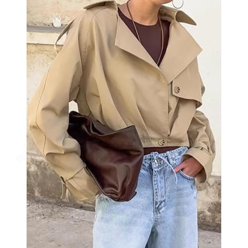 Cropped Trench Coat Women Lapel Double Breasted Raglan Sleeve Crop Jacket Fall Casual Work Office Overcoat Outerwear3