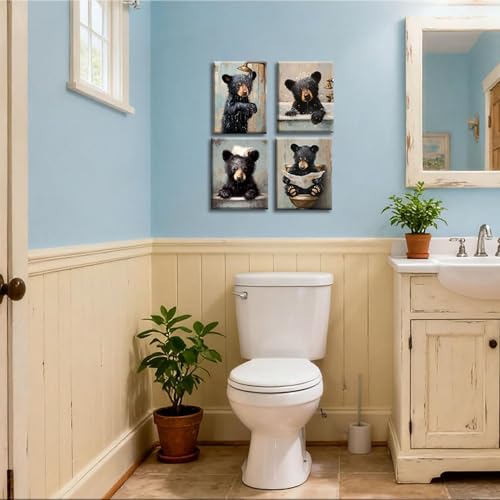 Image of Frimeeme Framed Funny Bear Bathroom Canvas Wall Art, Set 4, 8x10 Inches