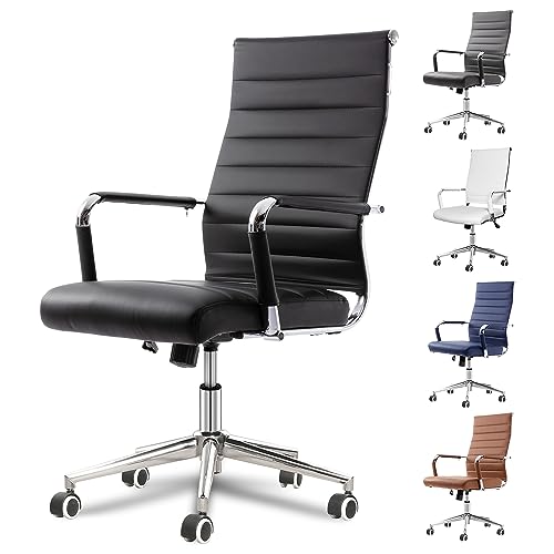 Okeysen Office Desk Chair, Ergonomic Leather Modern Conference Room Chairs, Executive Ribbed Height Adjustable Swivel Rolling Chair for Home Office. (Black)