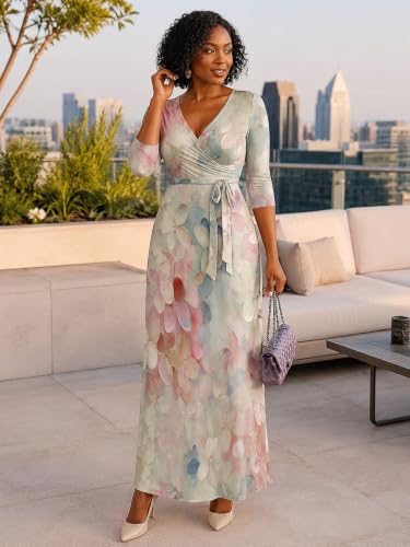 Image of SUZONANA Plus Size Dresses for Women Floral Print Maxi Dress Flowy 3 /4 Sleeve with Belt